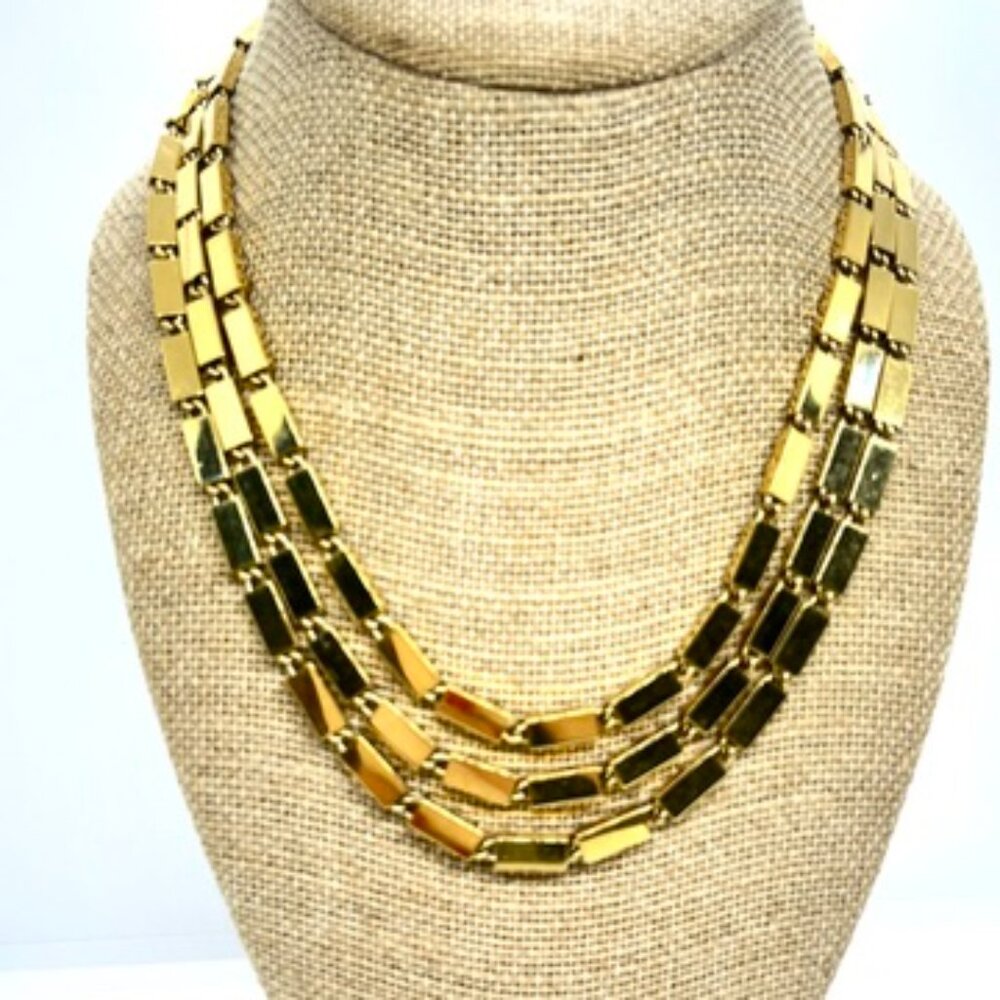 VINTAGE MONET RECTANGULAR BAR GOLD TONE NECKLACE 54” LONG LAYERED CHAIN